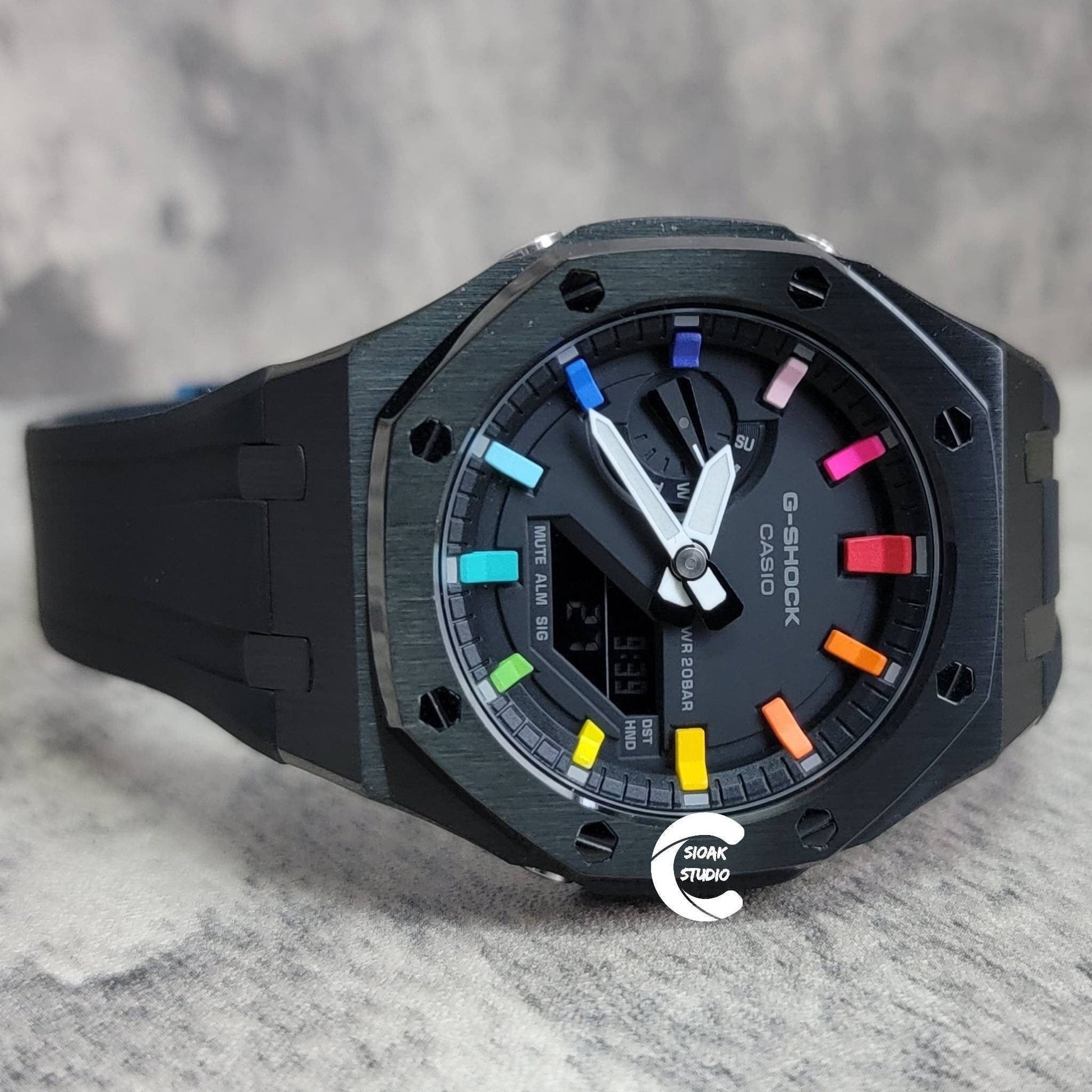 Casioak Mod Watch Black Case Black Rubber Strap Black Rainbow Time Mark Black Dial 44mm- Casioak Mod Casio G-Shock Royal Oak Custom Mens Luxury Watches Ga2100