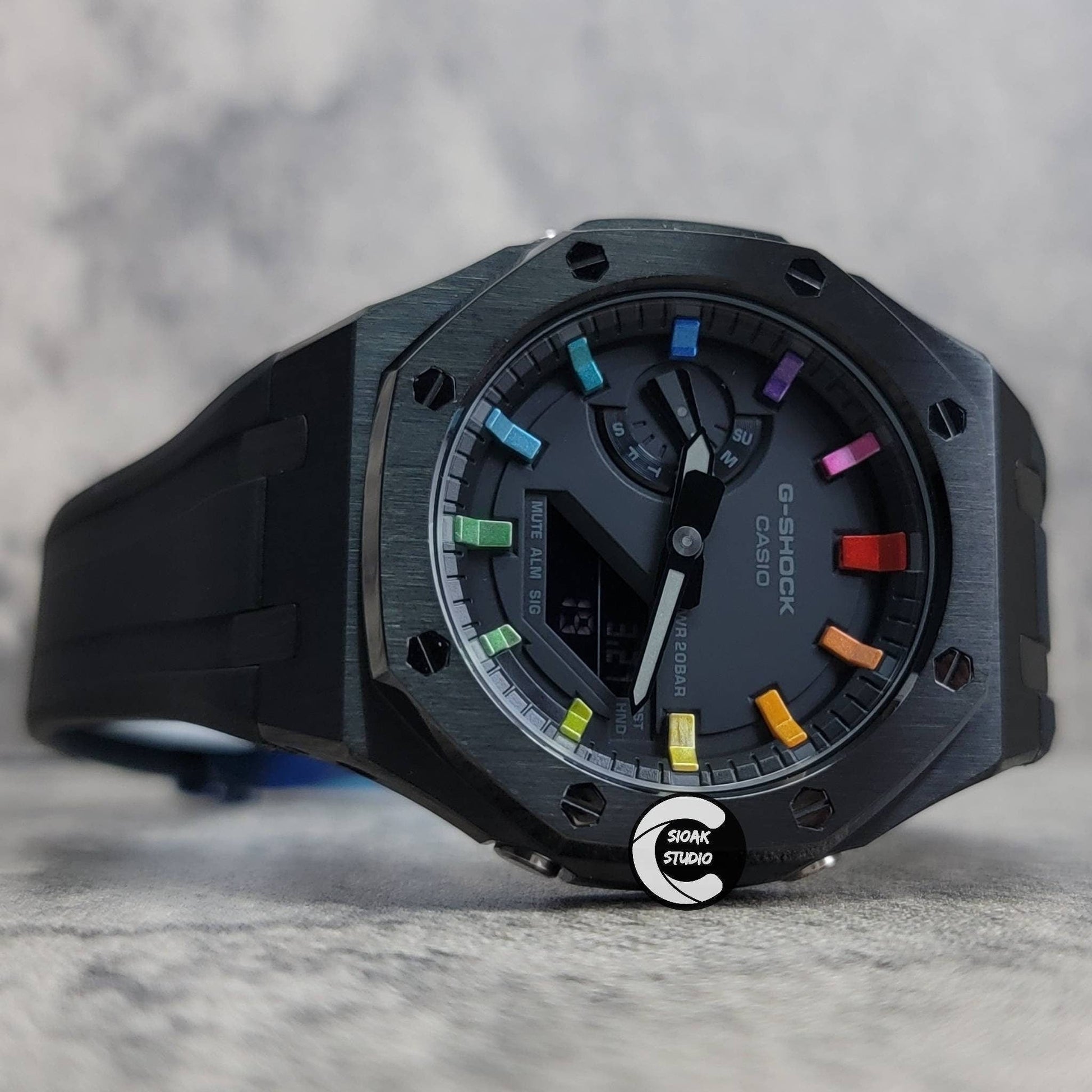 Casioak Mod Watch Black Case Black Rubber Strap Black Rainbow Time Mark Black Dial 44mm- Casioak Mod Casio G-Shock Royal Oak Custom Mens Luxury Watches Ga2100