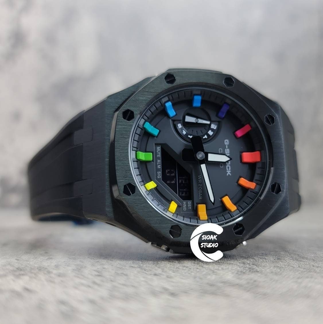 Casioak Mod Watch Black Case Black Rubber Strap Black Rainbow Time Mark Black Dial 44mm- Casioak Mod Casio G-Shock Royal Oak Custom Mens Luxury Watches Ga2100