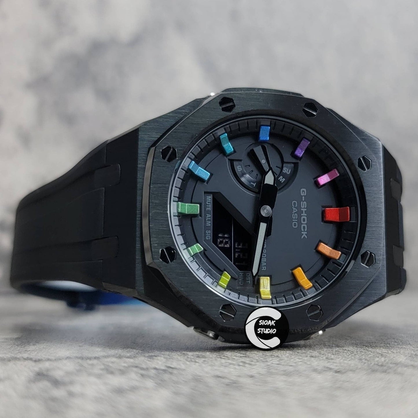 Casioak Mod Watch Black Case Black Rubber Strap Black Rainbow Time Mark Black Dial 44mm- Casioak Mod Casio G-Shock Royal Oak Custom Mens Luxury Watches Ga2100