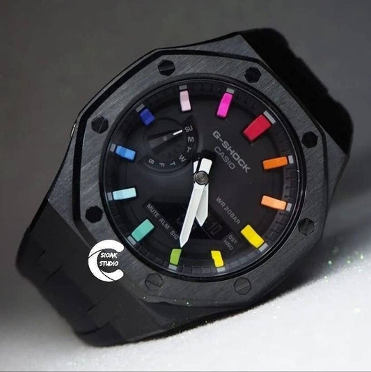 Casioak Mod Watch Black Case Black Rubber Strap Black Rainbow Time Mark Black Dial 44mm- Casioak Mod Casio G-Shock Royal Oak Custom Mens Luxury Watches Ga2100