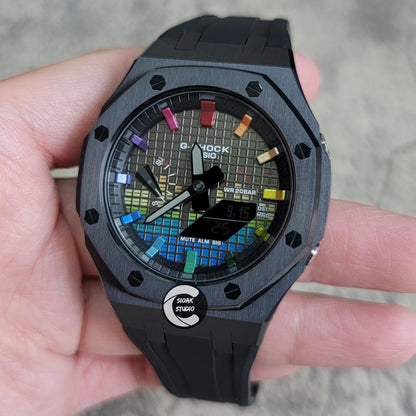 Casioak Mod Watch Black Case Black Rubber Strap Black Rainbow Time Mark Music Dial 44mm- Casioak Mod Casio G-Shock Royal Oak Custom Mens Luxury Watches Ga2100