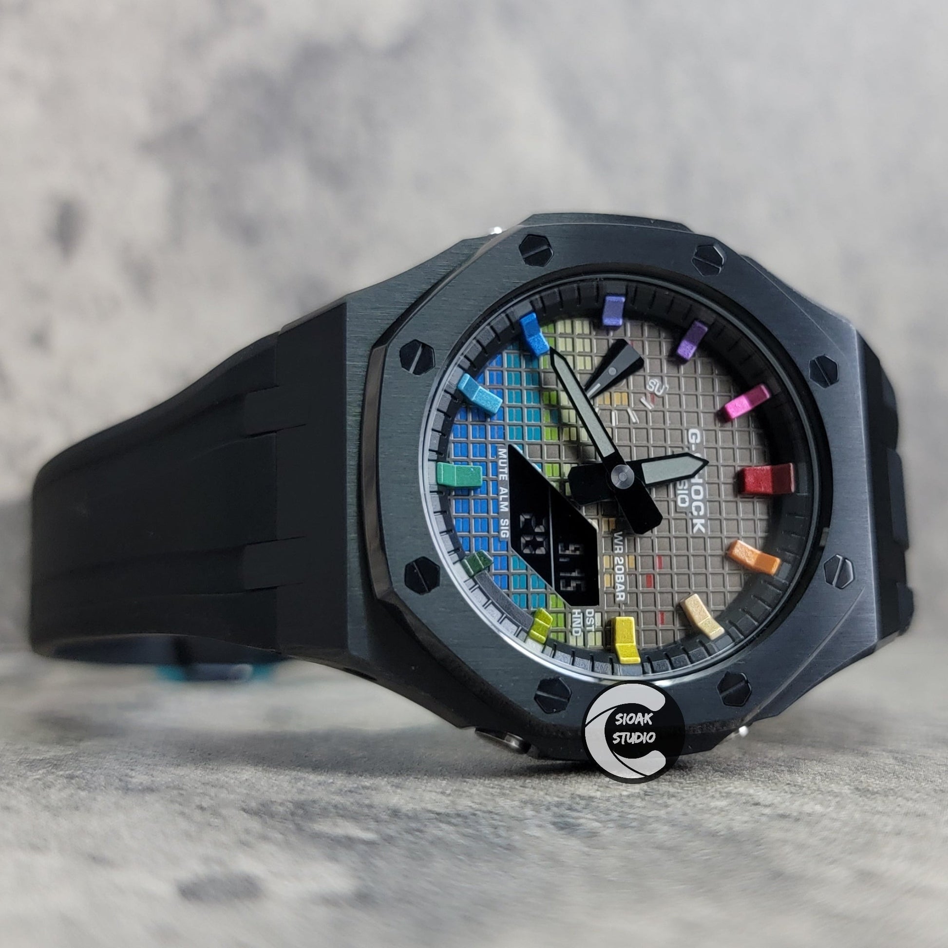 Casioak Mod Watch Black Case Black Rubber Strap Black Rainbow Time Mark Music Dial 44mm- Casioak Mod Casio G-Shock Royal Oak Custom Mens Luxury Watches Ga2100