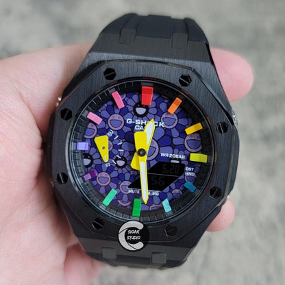 Casioak Mod Watch Black Case Black Rubber Strap Black Rainbow Time Mark Takashi Murakami Dial 44mm- Casioak Mod Casio G-Shock Royal Oak Custom Mens Luxury Watches Ga2100