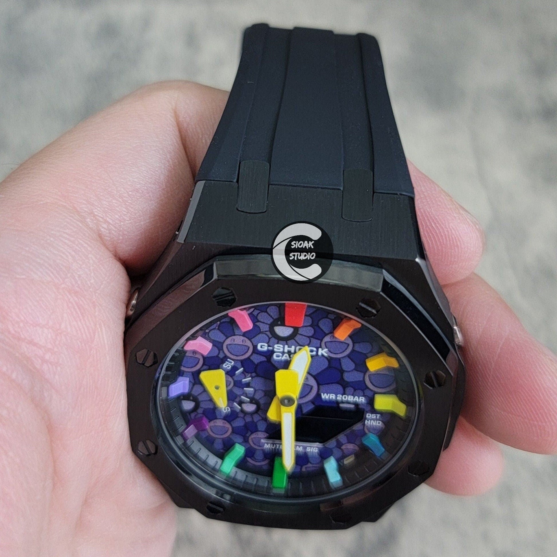 Casioak Mod Watch Black Case Black Rubber Strap Black Rainbow Time Mark Takashi Murakami Dial 44mm- Casioak Mod Casio G-Shock Royal Oak Custom Mens Luxury Watches Ga2100