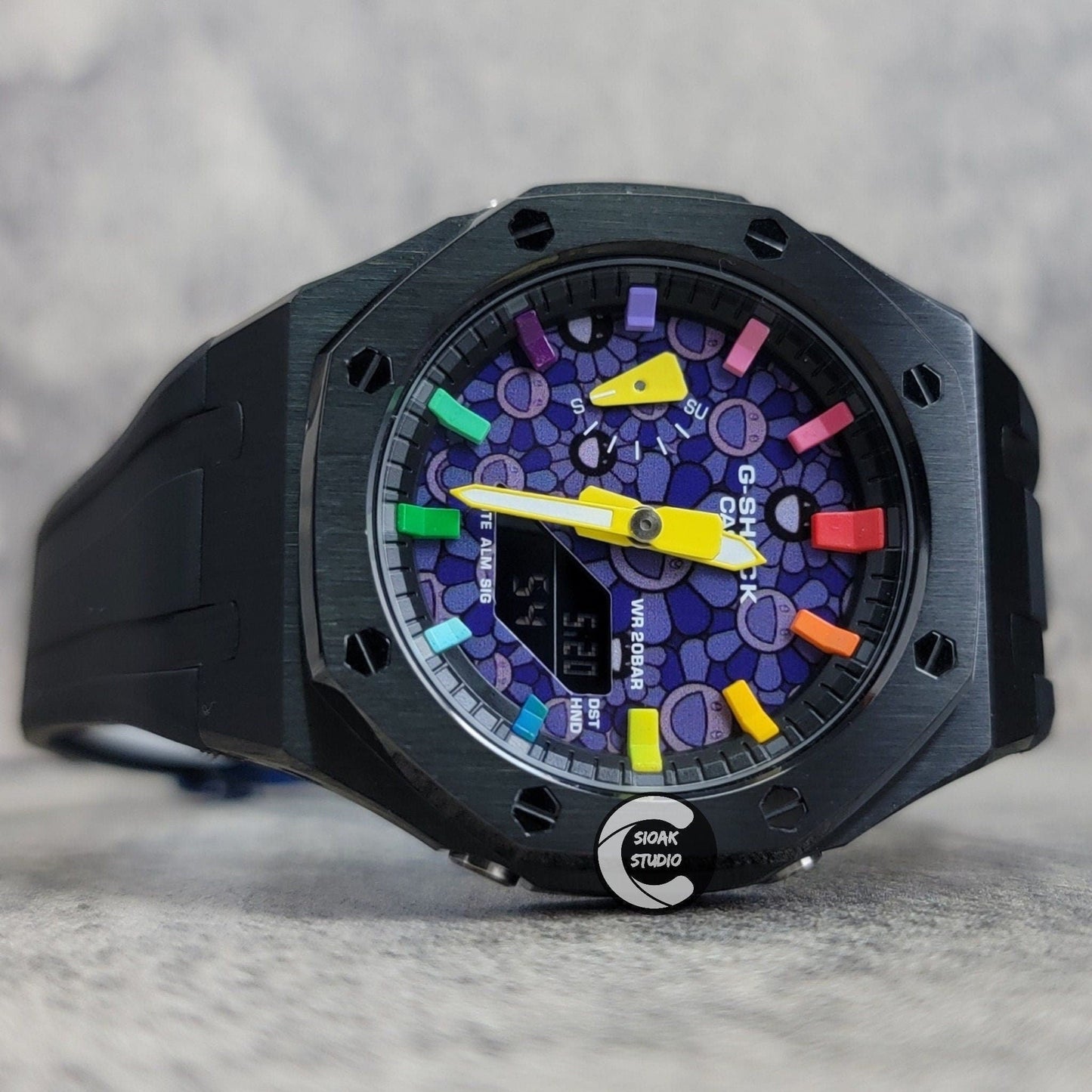 Casioak Mod Watch Black Case Black Rubber Strap Black Rainbow Time Mark Takashi Murakami Dial 44mm- Casioak Mod Casio G-Shock Royal Oak Custom Mens Luxury Watches Ga2100