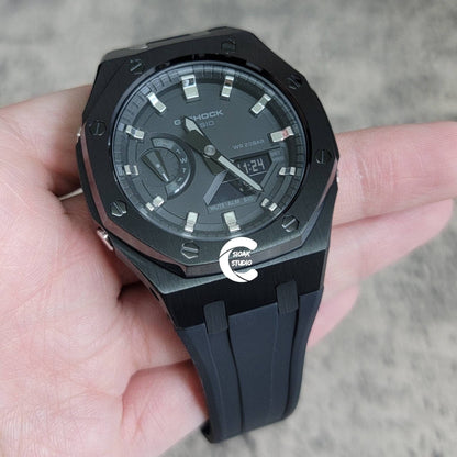 Casioak Mod Watch Black Case Black Rubber Strap Black Silver Time Mark Black Dial 44mm- Casioak Mod Casio G-Shock Royal Oak Custom Mens Luxury Watches Ga2100