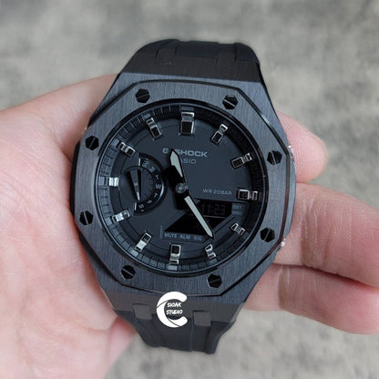 Casioak Mod Watch Black Case Black Rubber Strap Black Silver Time Mark Black Dial 44mm- Casioak Mod Casio G-Shock Royal Oak Custom Mens Luxury Watches Ga2100