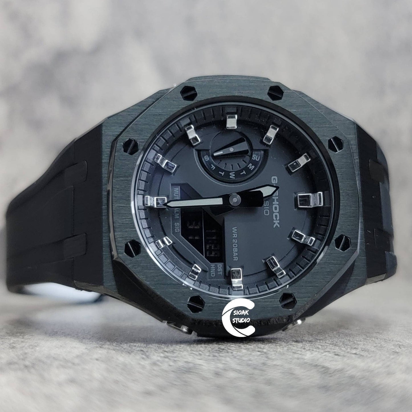 Casioak Mod Watch Black Case Black Rubber Strap Black Silver Time Mark Black Dial 44mm- Casioak Mod Casio G-Shock Royal Oak Custom Mens Luxury Watches Ga2100