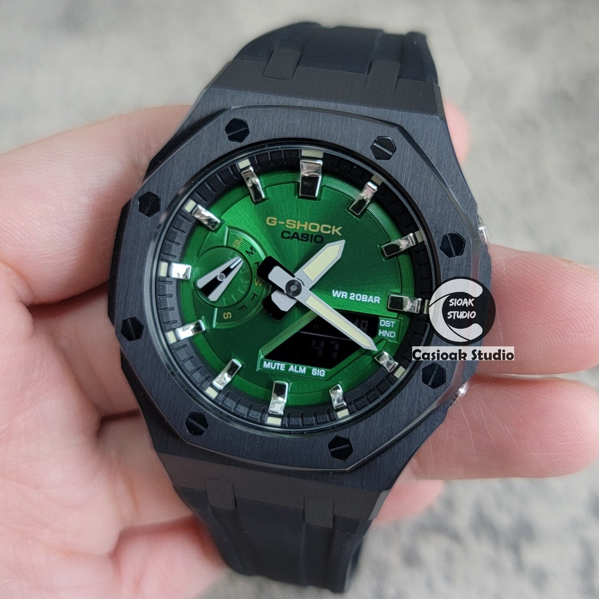 Casioak Mod Watch Black Case Black Rubber Strap Black Silver Time Mark Green Dial 44mm- Casioak Mod Casio G-Shock Royal Oak Custom Mens Luxury Watches Ga2100