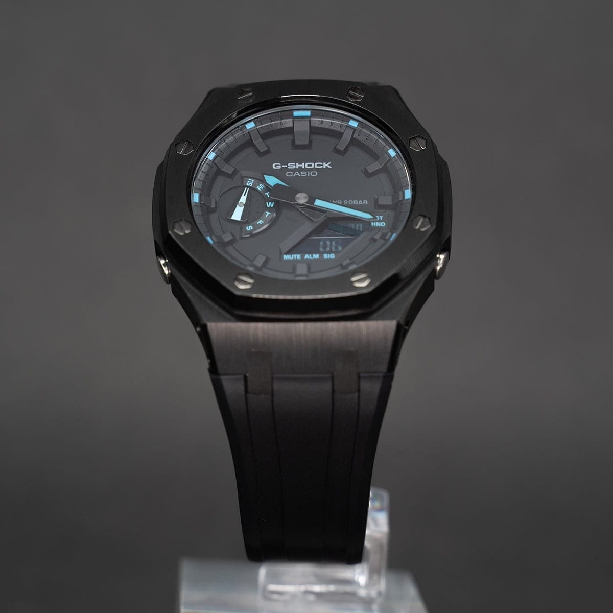 Casioak Mod Watch Black Case Black Rubber Strap Black Time Mark Black Dial 44mm Blue- Casioak Mod Casio G-Shock Royal Oak Custom Mens Luxury Watches Ga2100