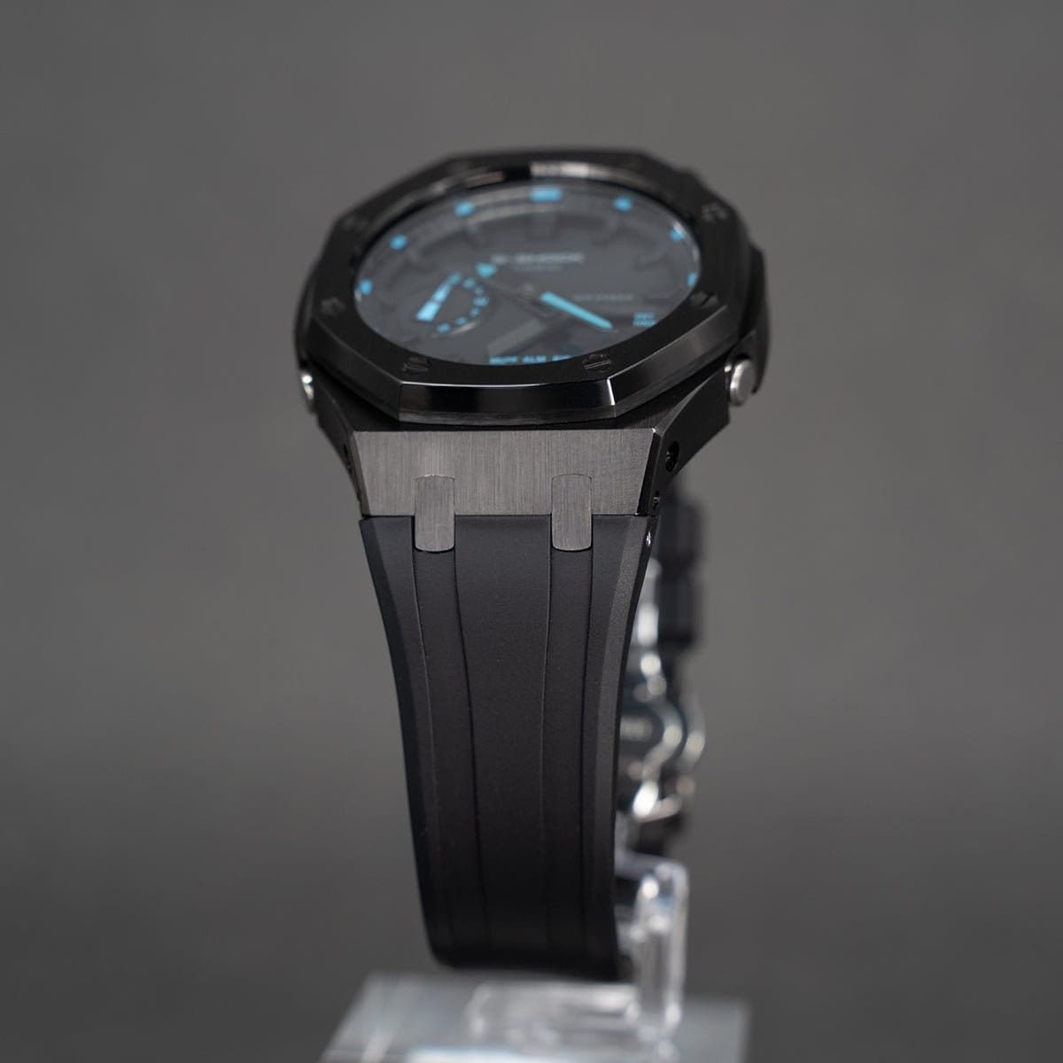 Casioak Mod Watch Black Case Black Rubber Strap Black Time Mark Black Dial 44mm Blue- Casioak Mod Casio G-Shock Royal Oak Custom Mens Luxury Watches Ga2100