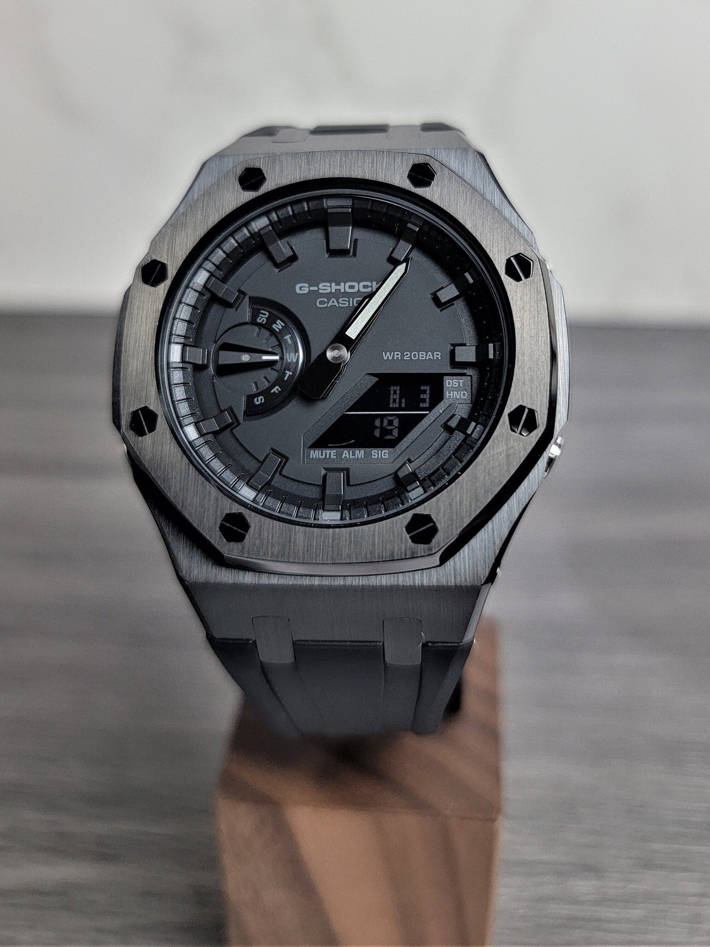 Casioak Mod Watch Black Case Black Rubber Strap Black Time Mark Black Dial 44mm- Casioak Mod Casio G-Shock Royal Oak Custom Mens Luxury Watches Ga2100