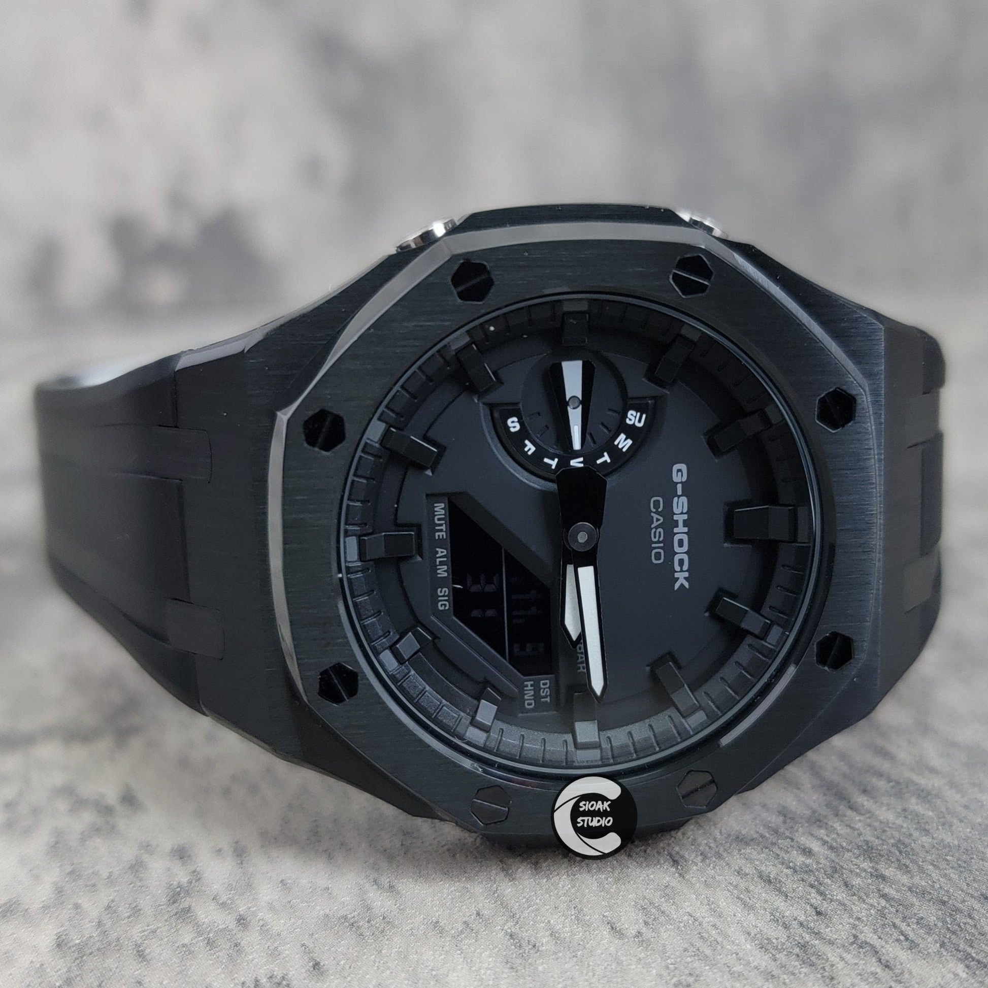 Casioak Mod Watch Black Case Black Rubber Strap Black Time Mark Black Dial 44mm- Casioak Mod Casio G-Shock Royal Oak Custom Mens Luxury Watches Ga2100