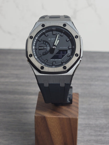 Casioak Mod Watch Black Case Black Rubber Strap Black Time Mark Black Dial 44mm- Casioak Mod Casio G-Shock Royal Oak Custom Mens Luxury Watches Ga2100