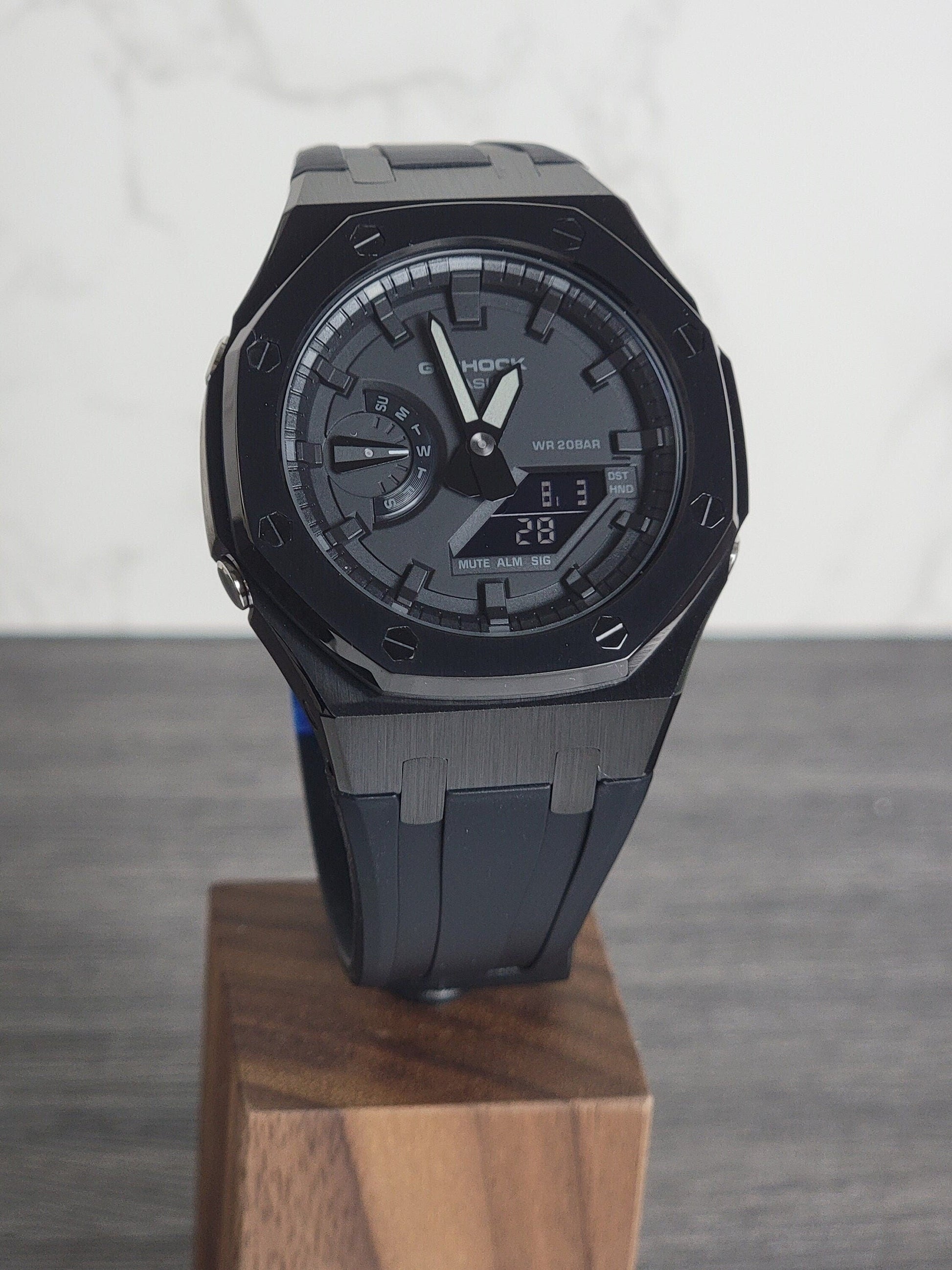 Casioak Mod Watch Black Case Black Rubber Strap Black Time Mark Black Dial 44mm- Casioak Mod Casio G-Shock Royal Oak Custom Mens Luxury Watches Ga2100