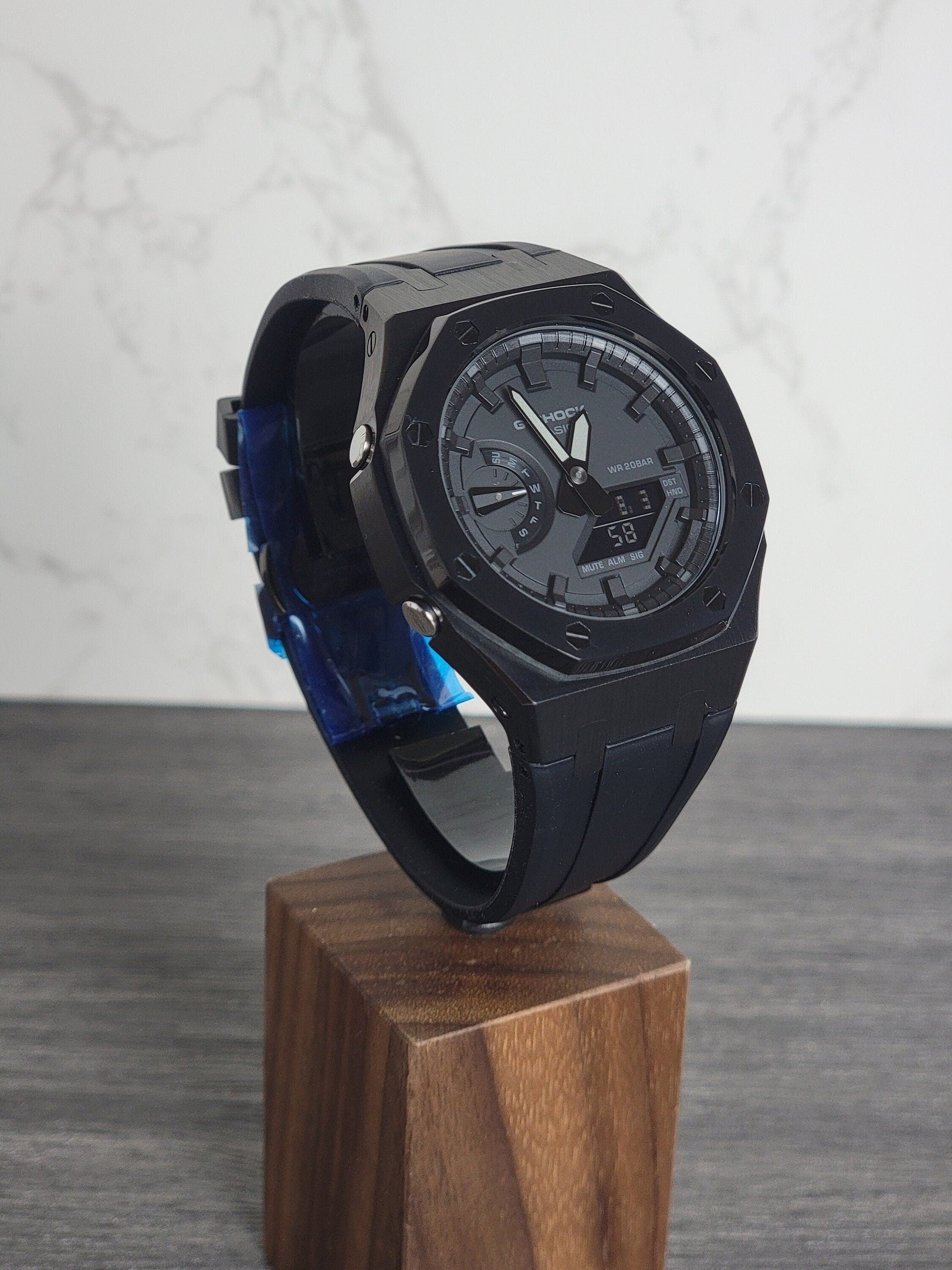 Casioak Mod Watch Black Case Black Rubber Strap Black Time Mark Black Dial 44mm- Casioak Mod Casio G-Shock Royal Oak Custom Mens Luxury Watches Ga2100