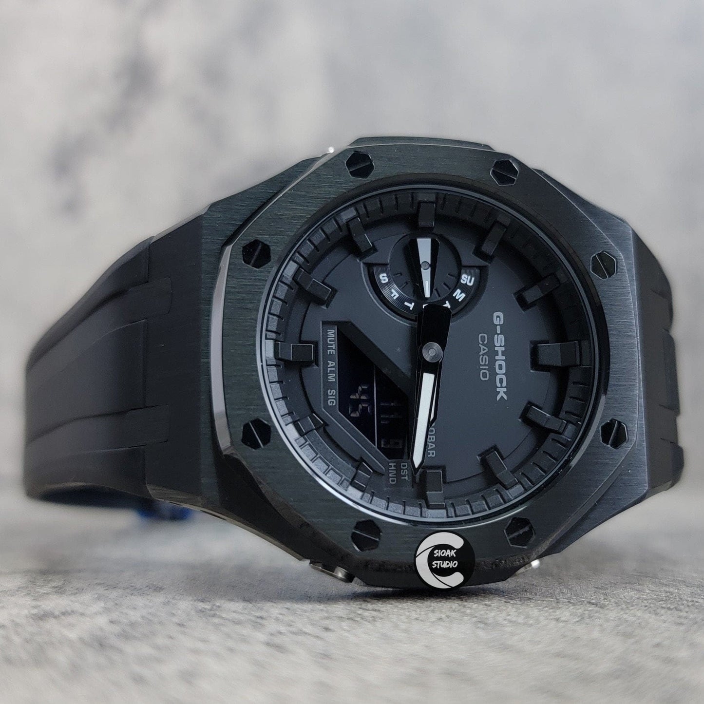 Casioak Mod Watch Black Case Black Rubber Strap Black Time Mark Black Dial 44mm- Casioak Mod Casio G-Shock Royal Oak Custom Mens Luxury Watches Ga2100