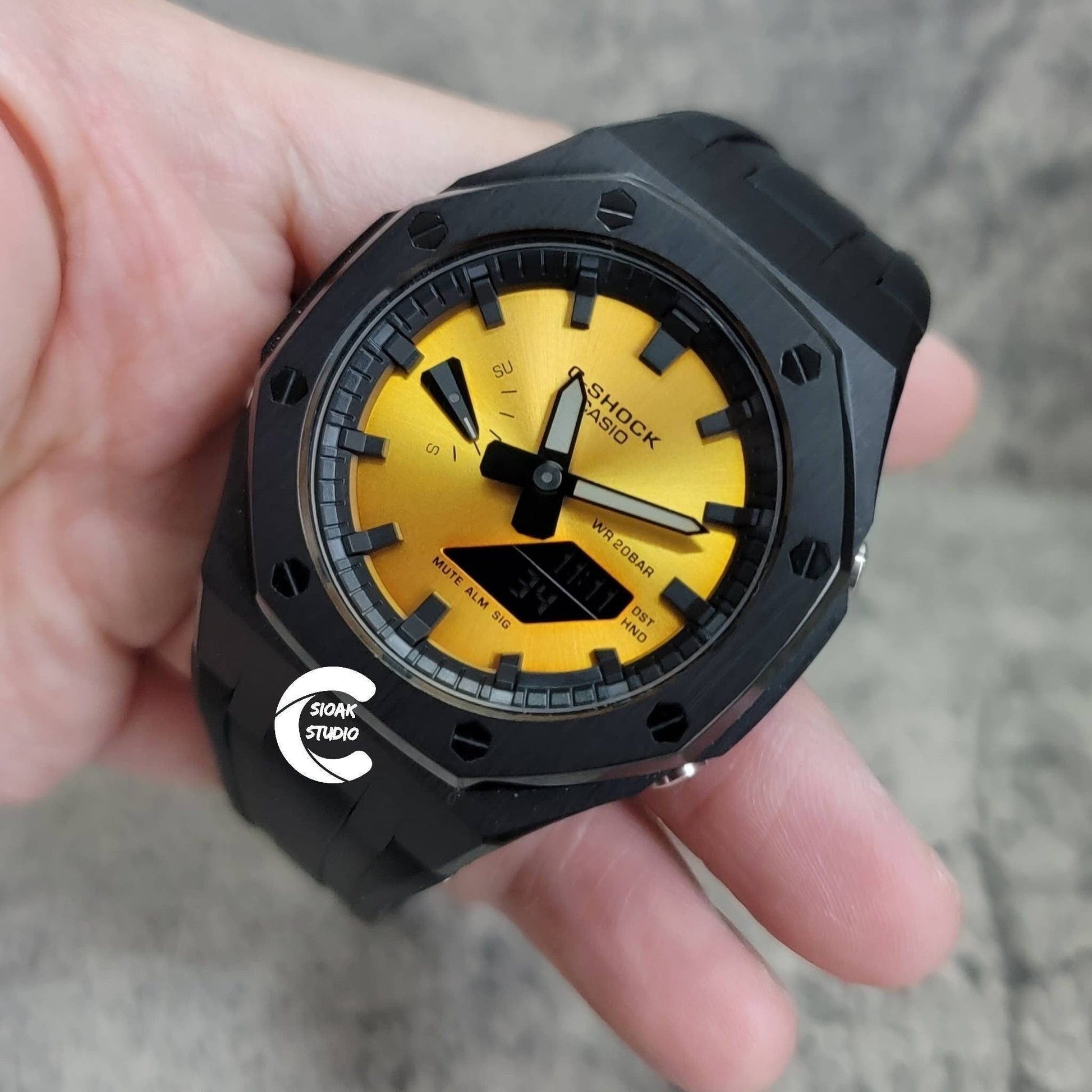 Casioak Mod Watch Black Case Black Rubber Strap Black Time Mark Gold Dial 44mm- Casioak Mod Casio G-Shock Royal Oak Custom Mens Luxury Watches Ga2100