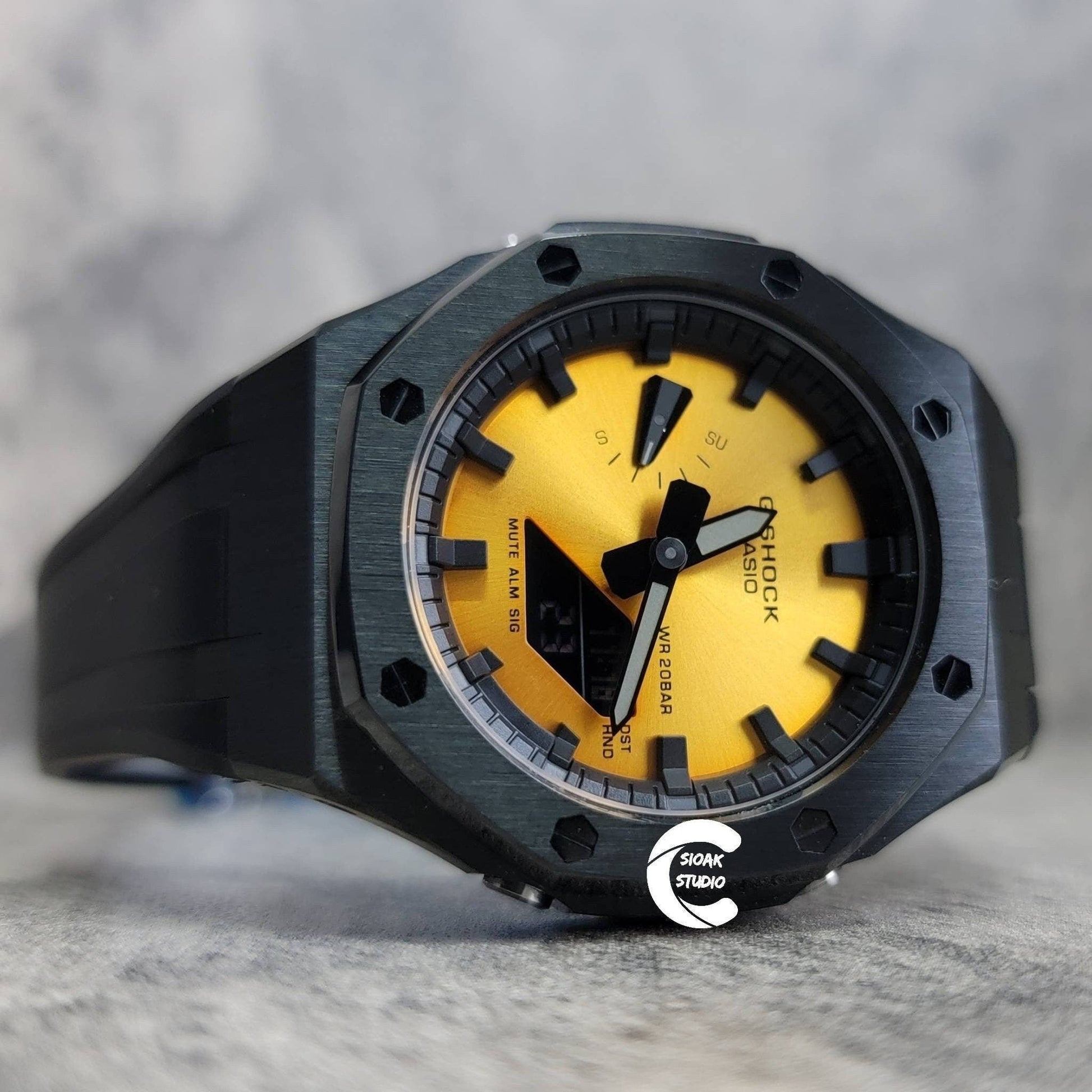 Casioak Mod Watch Black Case Black Rubber Strap Black Time Mark Gold Dial 44mm- Casioak Mod Casio G-Shock Royal Oak Custom Mens Luxury Watches Ga2100