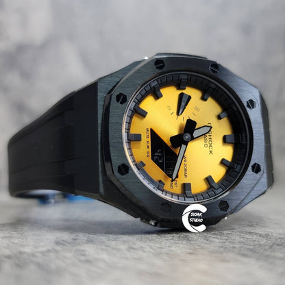 Casioak Mod Watch Black Case Black Rubber Strap Black Time Mark Gold Dial 44mm- Casioak Mod Casio G-Shock Royal Oak Custom Mens Luxury Watches Ga2100