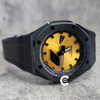 Casioak Mod Watch Black Case Black Rubber Strap Black Time Mark Gold Dial 44mm- Casioak Mod Casio G-Shock Royal Oak Custom Mens Luxury Watches Ga2100