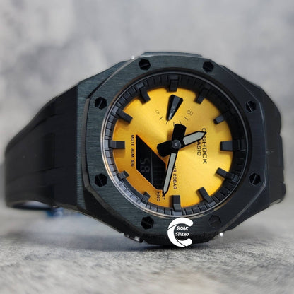 Casioak Mod Watch Black Case Black Rubber Strap Black Time Mark Gold Dial 44mm- Casioak Mod Casio G-Shock Royal Oak Custom Mens Luxury Watches Ga2100