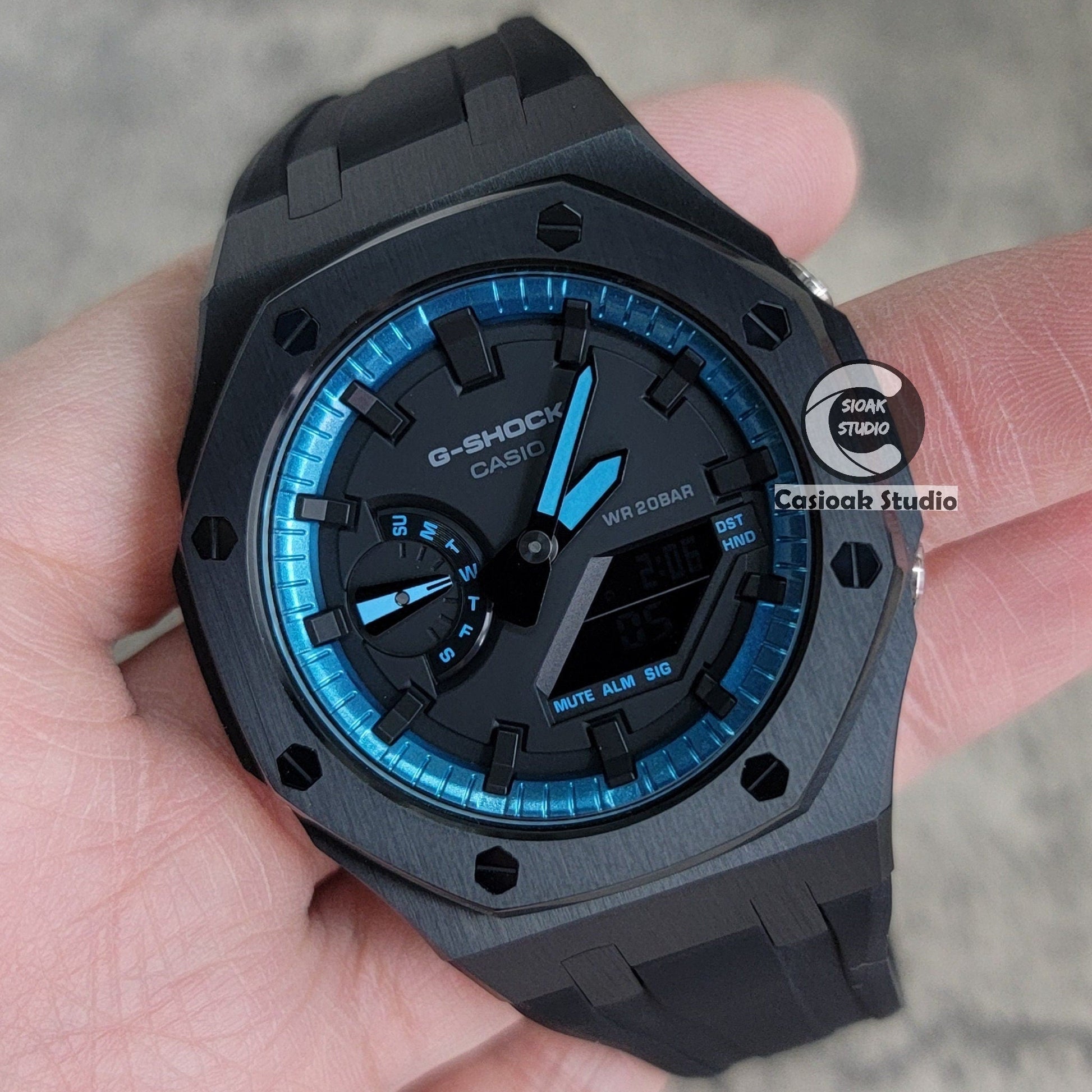 Casioak Mod Watch Black Case Black Rubber Strap Blue Black Time Mark Black Dial 44mm- Casioak Mod Casio G-Shock Royal Oak Custom Mens Luxury Watches Ga2100