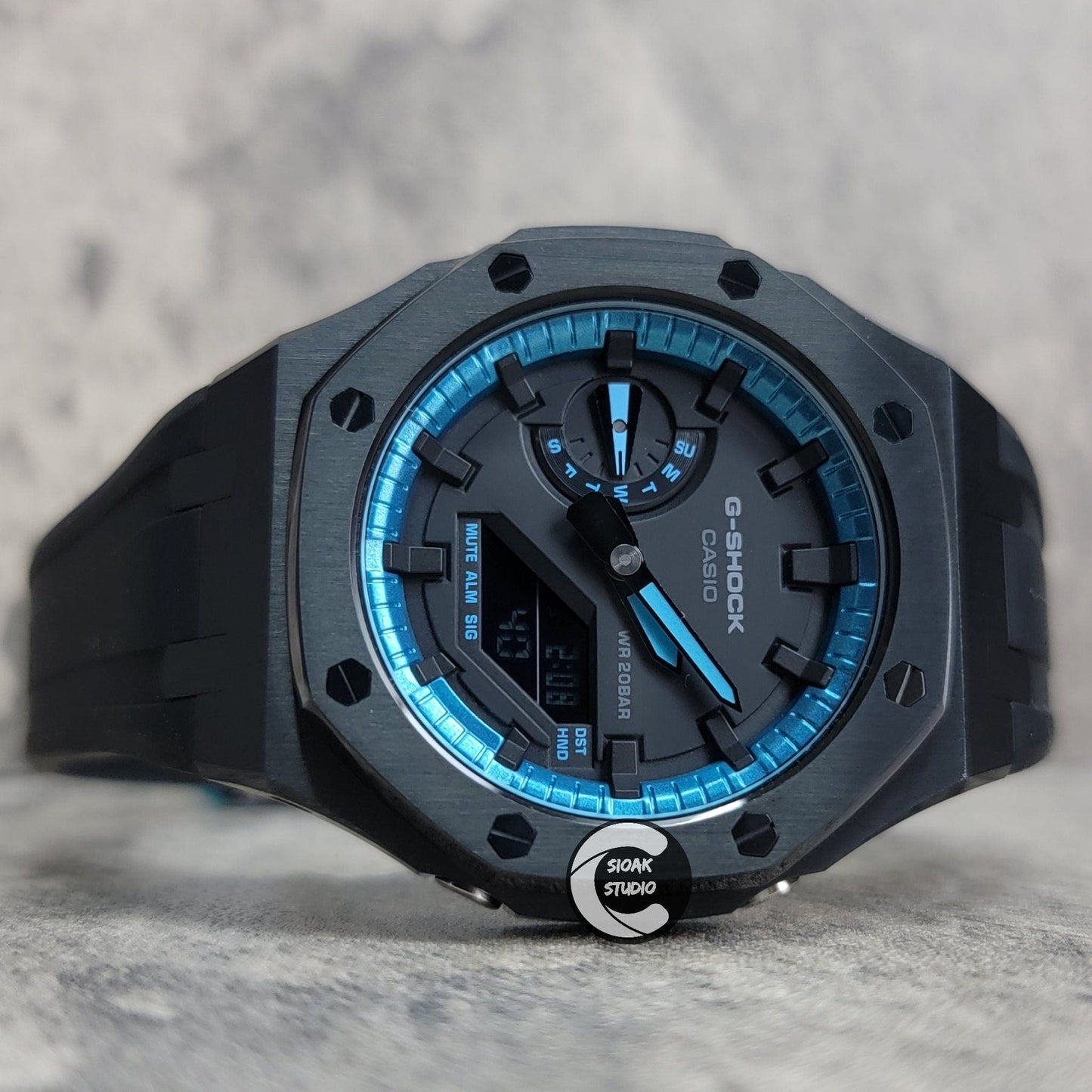 Casioak Mod Watch Black Case Black Rubber Strap Blue Black Time Mark Black Dial 44mm- Casioak Mod Casio G-Shock Royal Oak Custom Mens Luxury Watches Ga2100