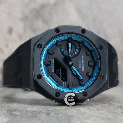 Casioak Mod Watch Black Case Black Rubber Strap Blue Black Time Mark Black Dial 44mm- Casioak Mod Casio G-Shock Royal Oak Custom Mens Luxury Watches Ga2100