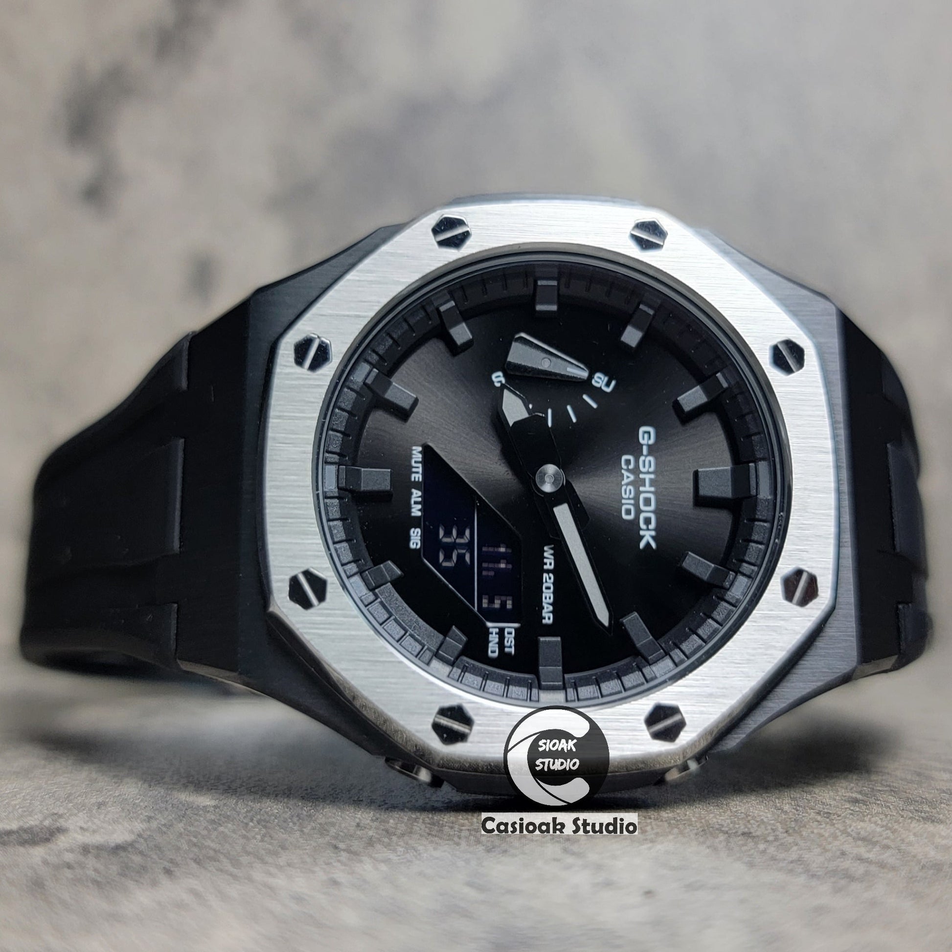 Casioak Mod Watch Black Case Black Rubber Strap Blue Black Time Mark Black Dial 44mm- Casioak Mod Casio G-Shock Royal Oak Custom Mens Luxury Watches Ga2100