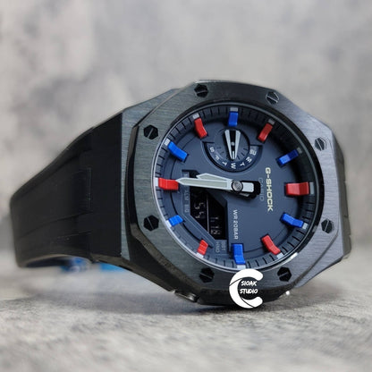 Casioak Mod Watch Black Case Black Rubber Strap Blue Red Time Mark Blue Dial 44mm- Casioak Mod Casio G-Shock Royal Oak Custom Mens Luxury Watches Ga2100