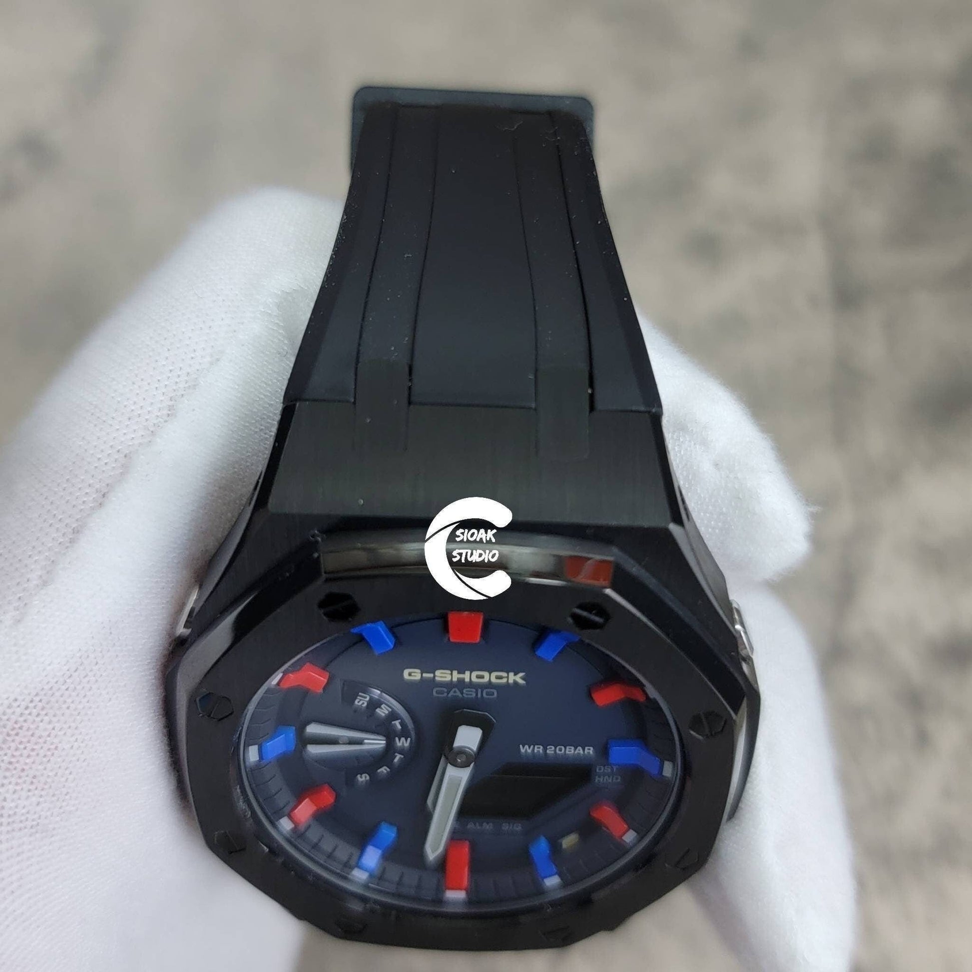 Casioak Mod Watch Black Case Black Rubber Strap Blue Red Time Mark Blue Dial 44mm- Casioak Mod Casio G-Shock Royal Oak Custom Mens Luxury Watches Ga2100