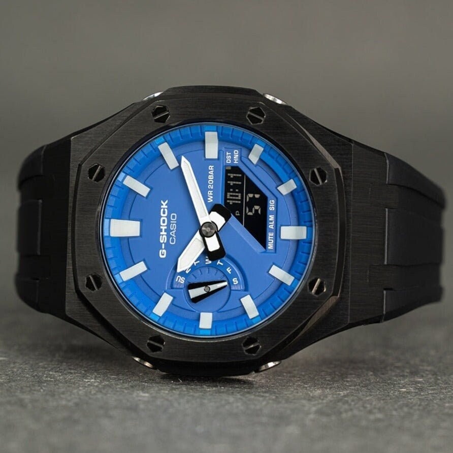 Casioak Mod Watch Black Case Black Rubber Strap Blue Time Mark Blue Dial 44mm- Casioak Mod Casio G-Shock Royal Oak Custom Mens Luxury Watches Ga2100