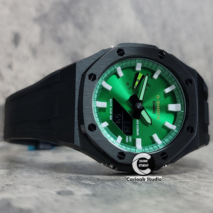 Casioak Mod Watch Black Case Black Rubber Strap Green White Time Mark Green Dial 44mm- Casioak Mod Casio G-Shock Royal Oak Custom Mens Luxury Watches Ga2100