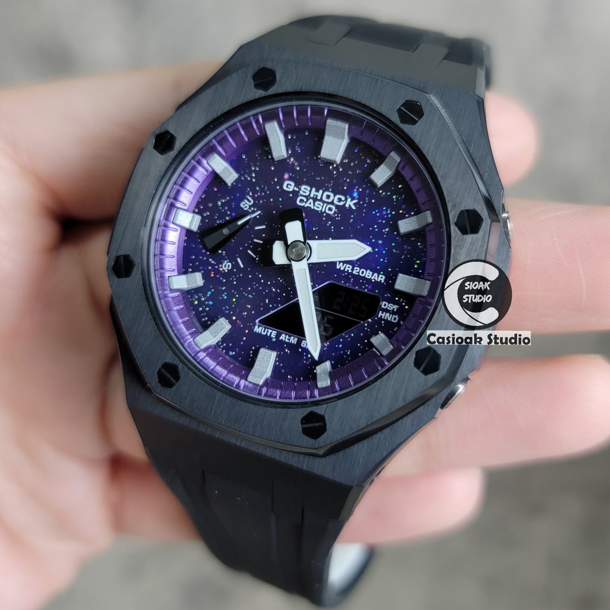 Casioak Mod Watch Black Case Black Rubber Strap Purple Silver Time Mark Purple Dial 44mm- Casioak Mod Casio G-Shock Royal Oak Custom Mens Luxury Watches Ga2100