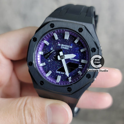 Casioak Mod Watch Black Case Black Rubber Strap Purple Silver Time Mark Purple Dial 44mm- Casioak Mod Casio G-Shock Royal Oak Custom Mens Luxury Watches Ga2100