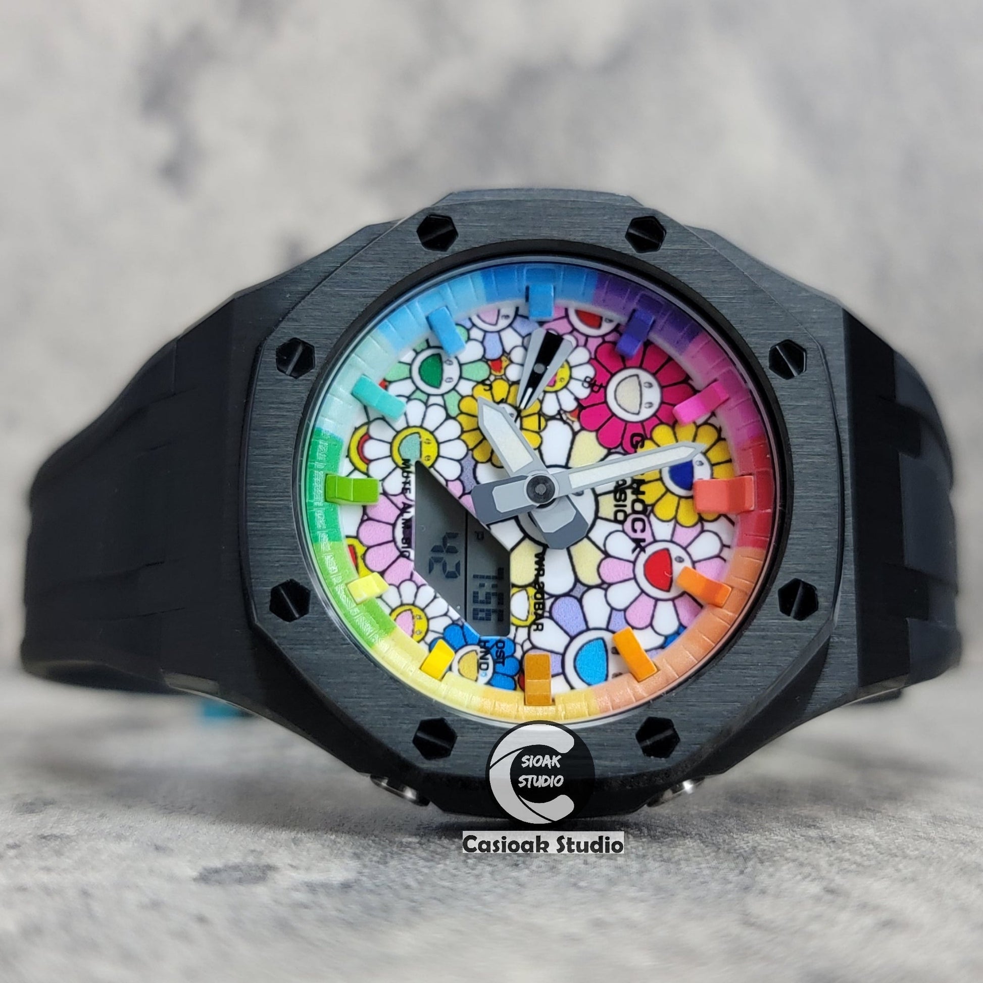 Casioak Mod Watch Black Case Black Rubber Strap Rainbow Time Mark TAKASHI MURAKAM Dial 44mm- Casioak Mod Casio G-Shock Royal Oak Custom Mens Luxury Watches Ga2100