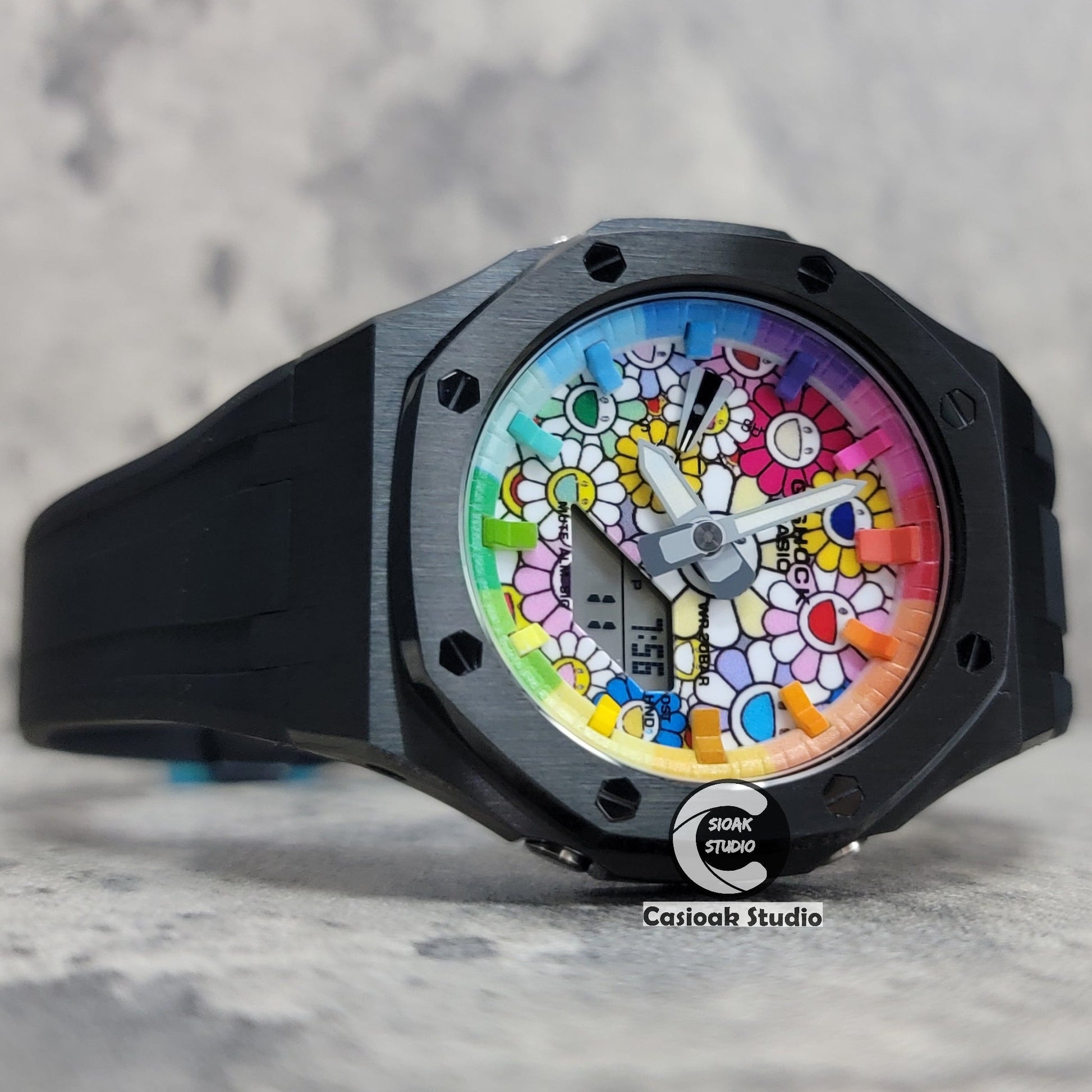 Casioak Mod Watch Black Case Black Rubber Strap Rainbow Time Mark TAKASHI MURAKAM Dial 44mm- Casioak Mod Casio G-Shock Royal Oak Custom Mens Luxury Watches Ga2100