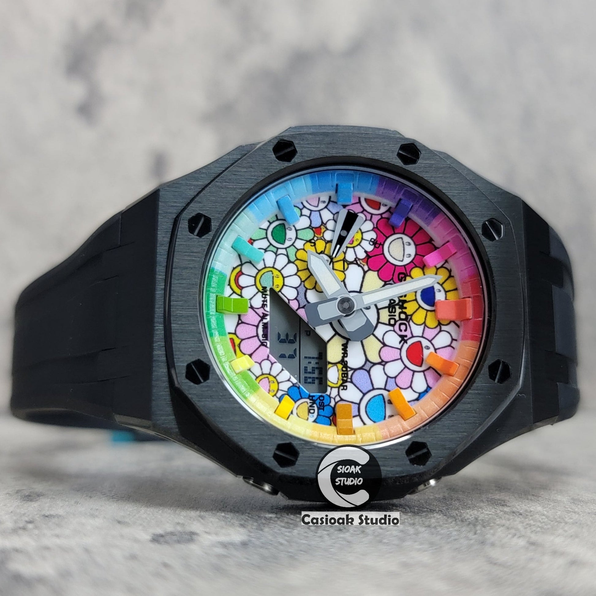 Casioak Mod Watch Black Case Black Rubber Strap Rainbow Time Mark TAKASHI MURAKAM Dial 44mm- Casioak Mod Casio G-Shock Royal Oak Custom Mens Luxury Watches Ga2100