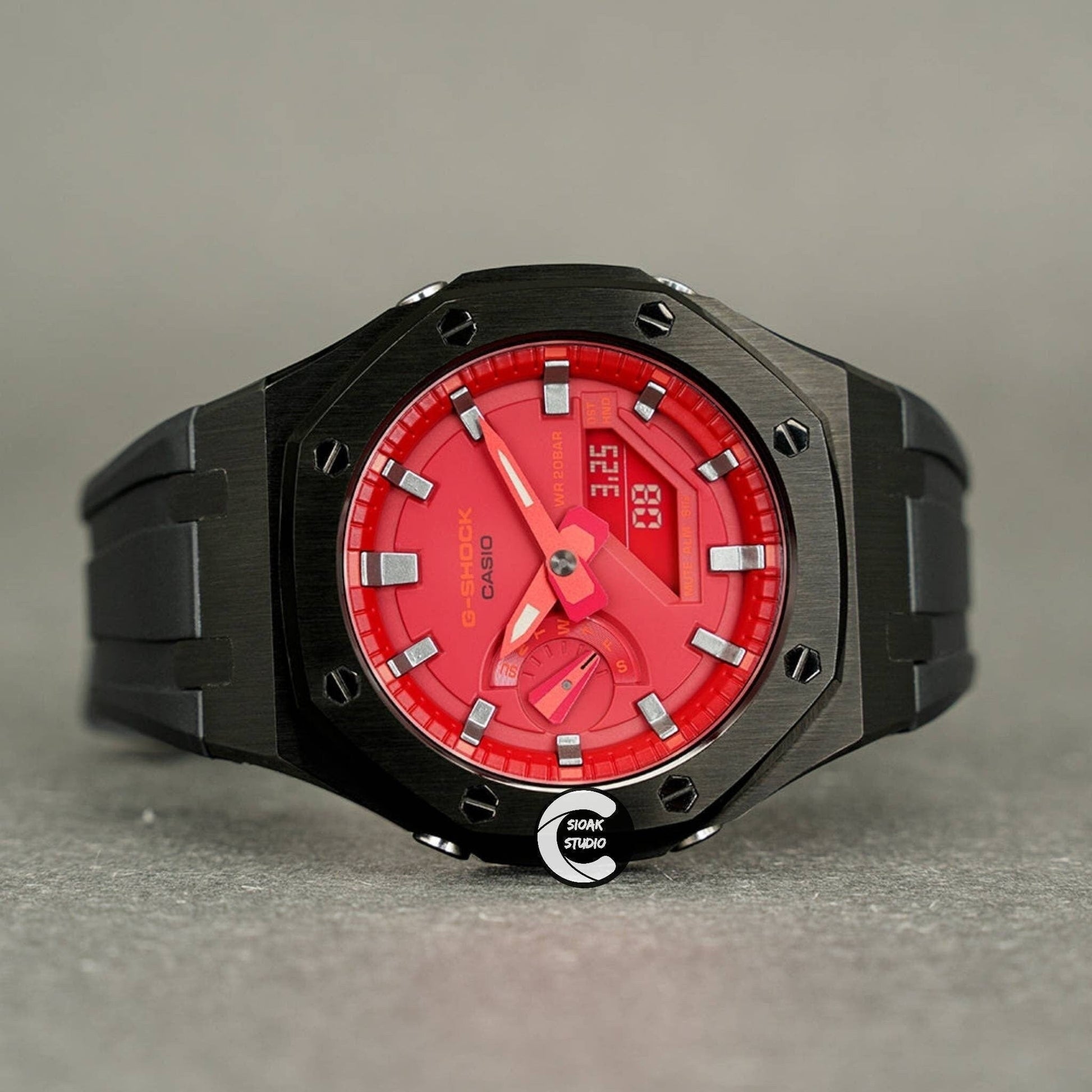 Casioak Mod Watch Black Case Black Rubber Strap Red Silver Time Mark Red Dial 44mm- Casioak Mod Casio G-Shock Royal Oak Custom Mens Luxury Watches Ga2100