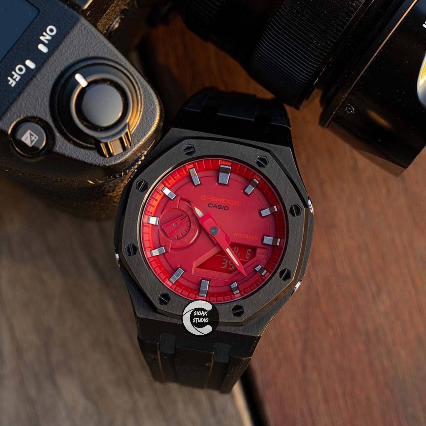 Casioak Mod Watch Black Case Black Rubber Strap Red Silver Time Mark Red Dial 44mm- Casioak Mod Casio G-Shock Royal Oak Custom Mens Luxury Watches Ga2100