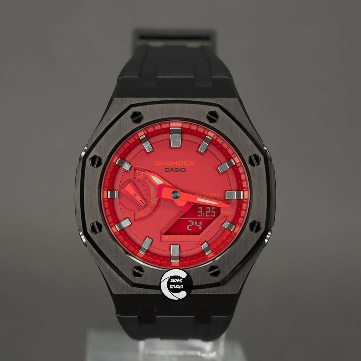 Casioak Mod Watch Black Case Black Rubber Strap Red Silver Time Mark Red Dial 44mm- Casioak Mod Casio G-Shock Royal Oak Custom Mens Luxury Watches Ga2100