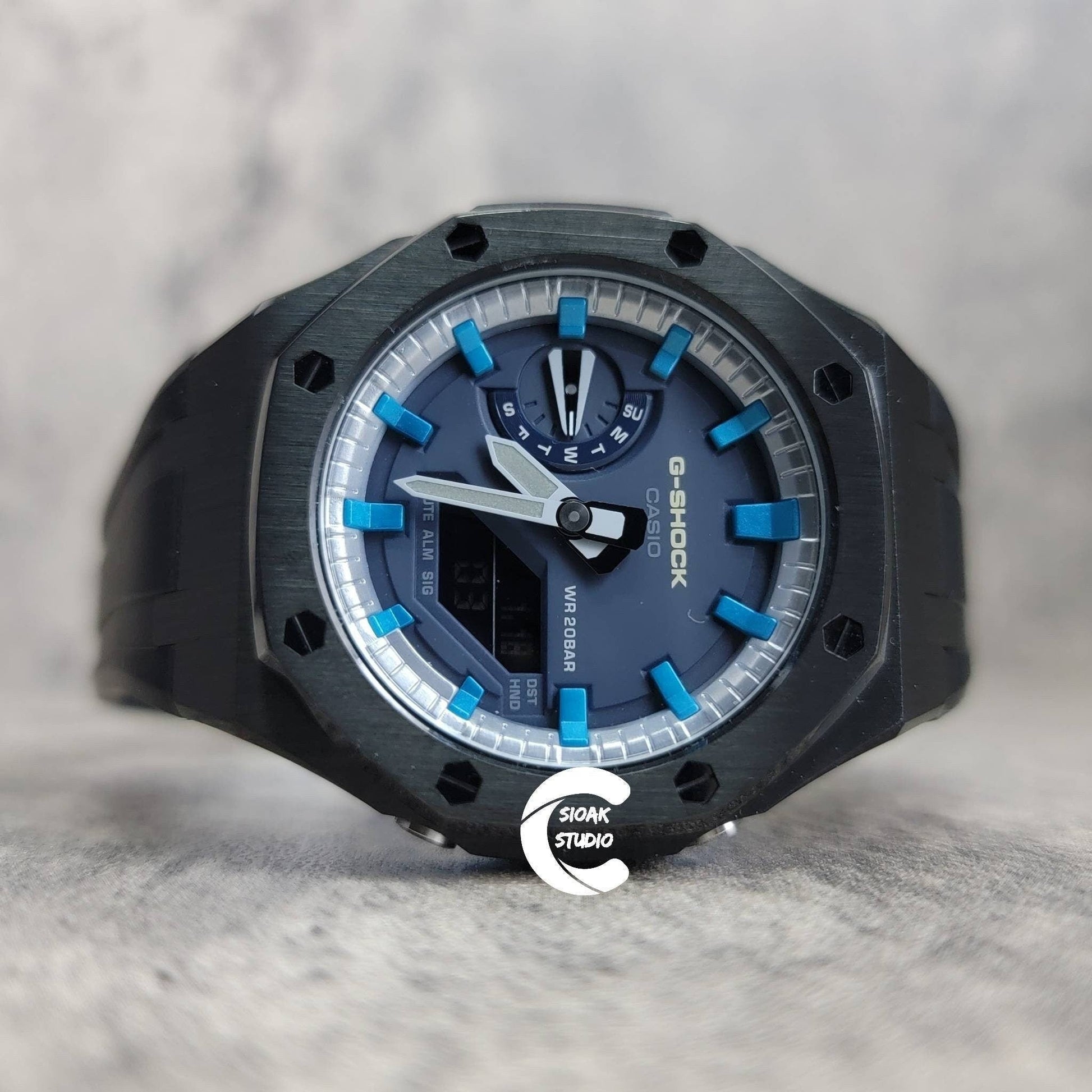 Casioak Mod Watch Black Case Black Rubber Strap Silver Blue Time Mark Blue Dial 44mm- Casioak Mod Casio G-Shock Royal Oak Custom Mens Luxury Watches Ga2100