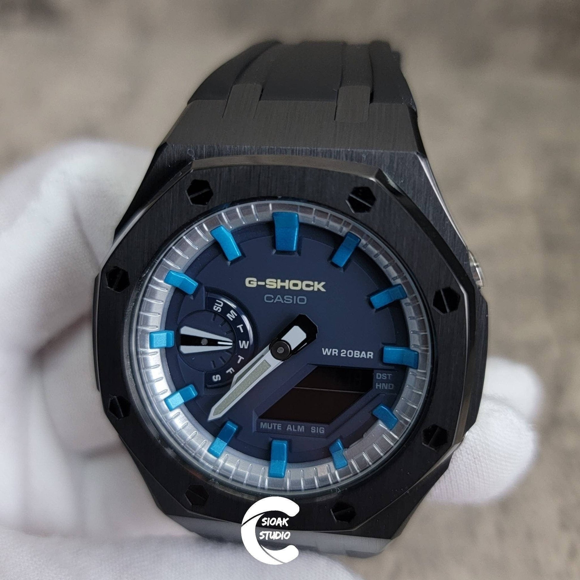 Casioak Mod Watch Black Case Black Rubber Strap Silver Blue Time Mark Blue Dial 44mm- Casioak Mod Casio G-Shock Royal Oak Custom Mens Luxury Watches Ga2100