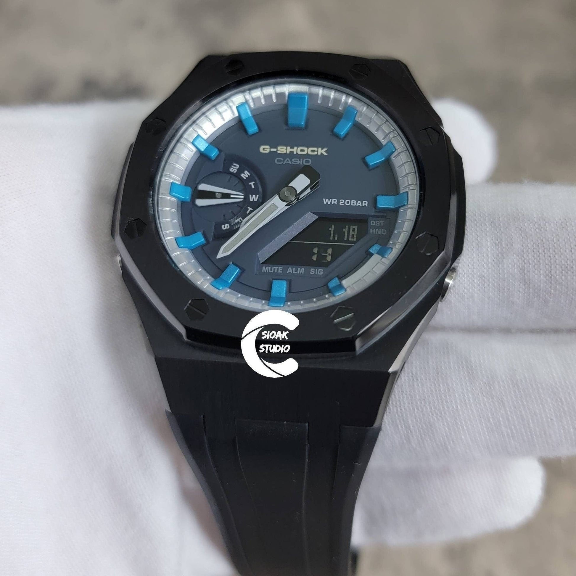 Casioak Mod Watch Black Case Black Rubber Strap Silver Blue Time Mark Blue Dial 44mm- Casioak Mod Casio G-Shock Royal Oak Custom Mens Luxury Watches Ga2100