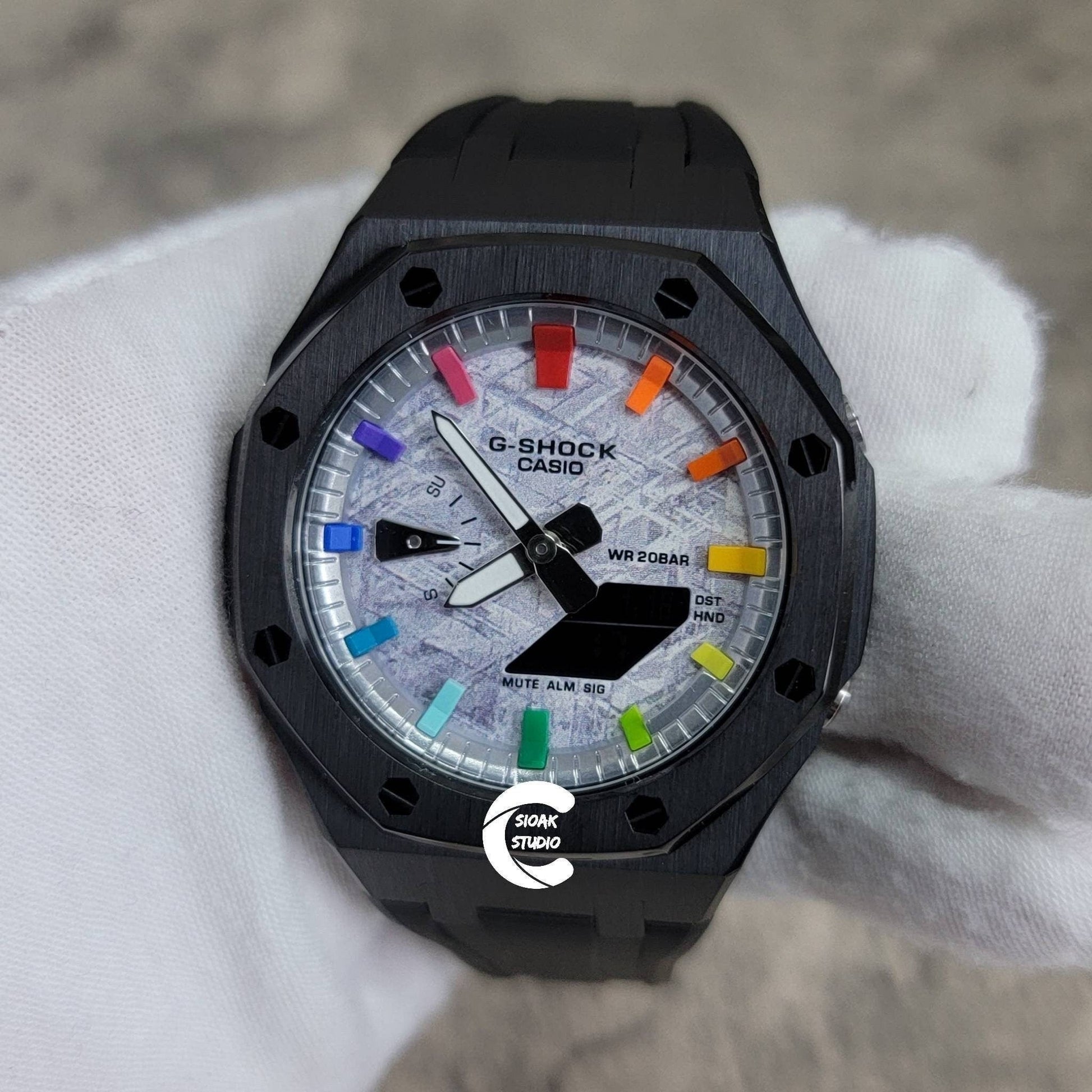 Casioak Mod Watch Black Case Black Rubber Strap Silver Rainbow Time Mark Meteorite Dial 44mm- Casioak Mod Casio G-Shock Royal Oak Custom Mens Luxury Watches Ga2100