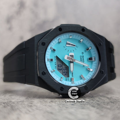 Casioak Mod Watch Black Case Black Rubber Strap Tiff Silver Time Mark Tiff Blue Dial 42mm- Casioak Mod Casio G-Shock Royal Oak Custom Mens Luxury Watches Ga2100