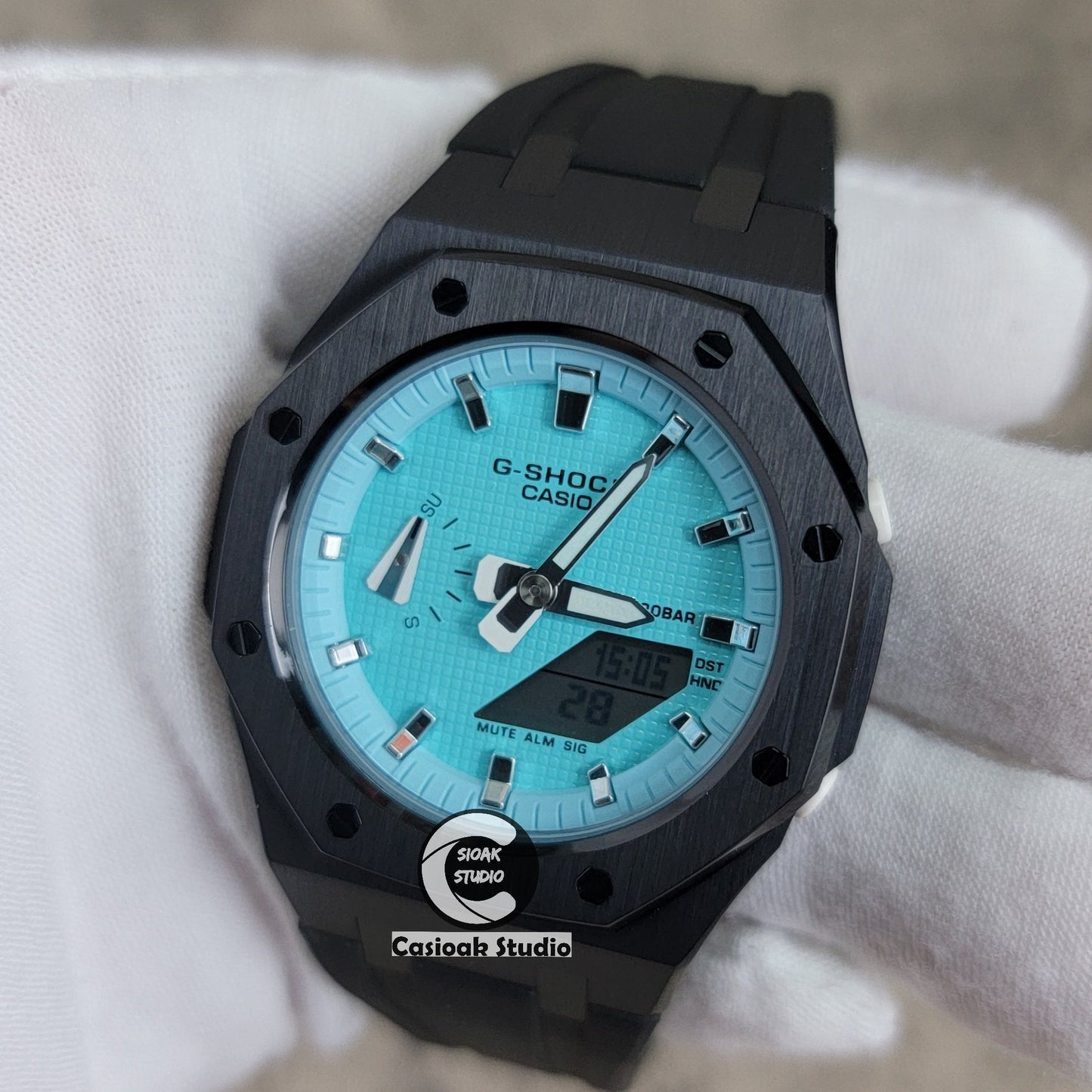 Casioak Mod Watch Black Case Black Rubber Strap Tiff Silver Time Mark Tiff Blue Dial 42mm- Casioak Mod Casio G-Shock Royal Oak Custom Mens Luxury Watches Ga2100