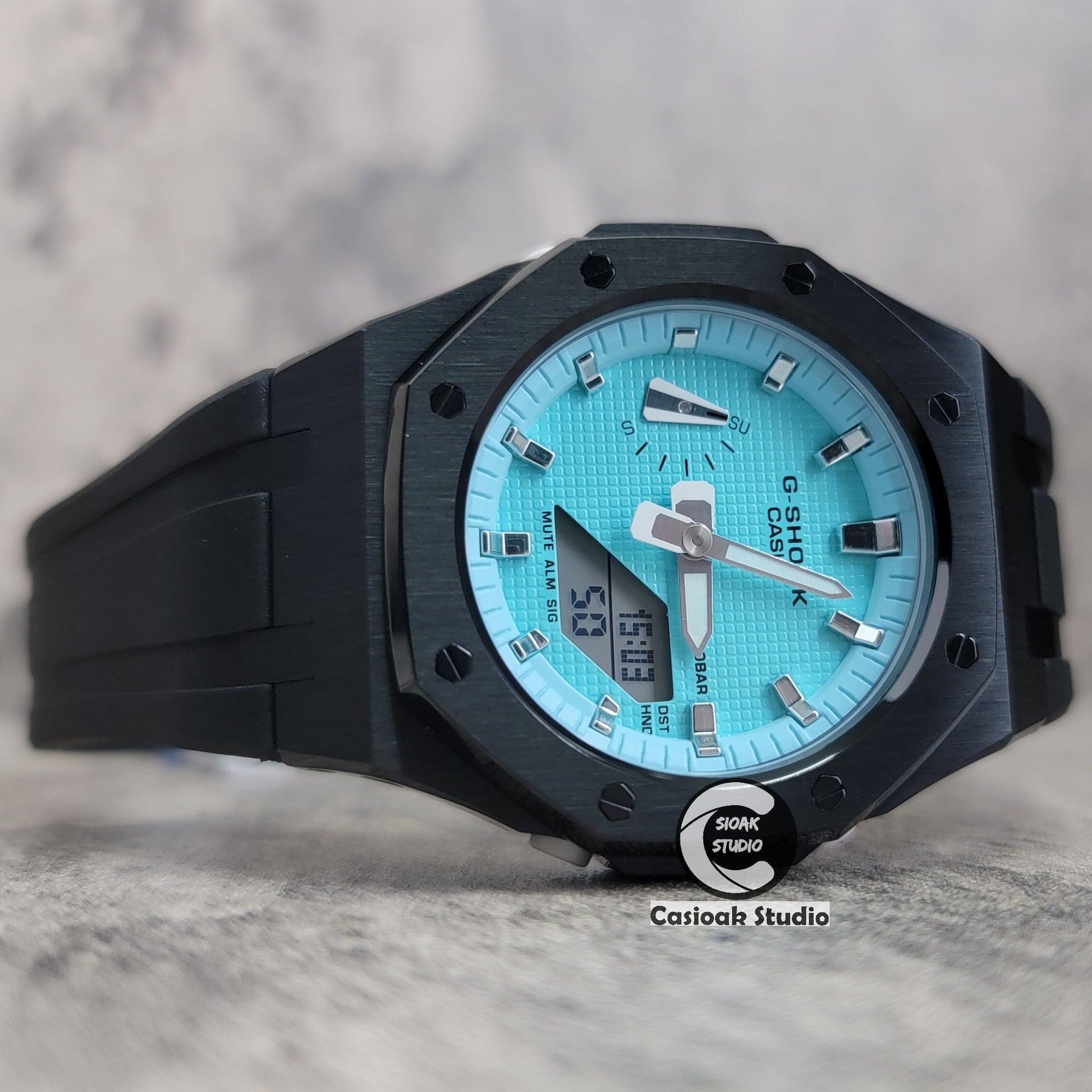 Casioak Mod Watch Black Case Black Rubber Strap Tiff Silver Time Mark Tiff Blue Dial 42mm- Casioak Mod Casio G-Shock Royal Oak Custom Mens Luxury Watches Ga2100